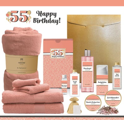 Geschenkset “55 Jaar Happy Birthday!” - 13 producten - 1980 gram | Giftset Cadeau Verjaardag - Speciaal Voor Haar Vrouw Gefeliciteerd Cadeaupakket Geschenk Pakket Gift Set Party Verjaardagscadeau Luxe Wellness Cadeaubox - Zalmroze