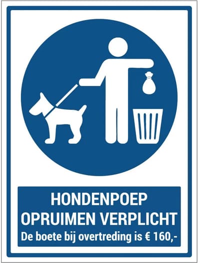 Hondenpoep opruimen verplicht boete Nederland sticker met tekst | 20 x 15 cm