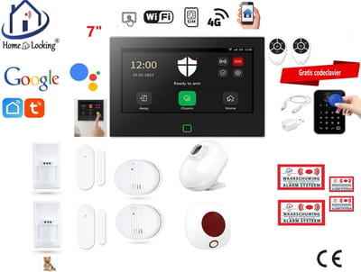 Draadloos / bedraad alarmsysteem met 7-inch touchscreen voor woning/camper/boot/caravan werkt met wifi en sim kaart en met spraakgestuurde apps. (Nederlands of Frans stem en tekst). ST01B-60