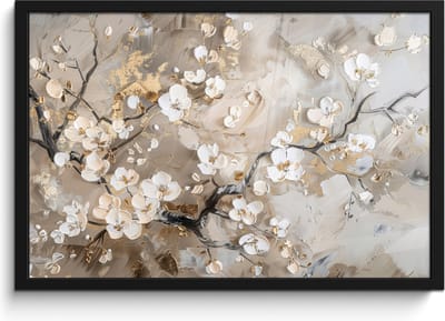 Poster in lijst - Fotolijst 60x40 cm - Posters - Bloemen - Wit - Goud - Beige - Luxe - Posterlijst zwart - Decoratie - Wanddecoratie woonkamer - Muurdecoratie slaapkamer