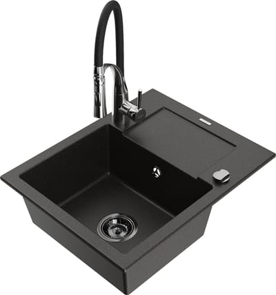 Mexen Enzo granieten gootsteen 1-komor met afdruiprek en keukenmengkraan Aster, zwart/gouden metallic - 6506-75-73450-07-B