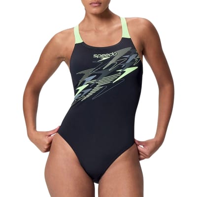Speedo Medley Logo Medalist 1 Piece Dames Sportbadpak - Kleurvast Badpak Dames - Chloorbestendig Zwempak Dames - Sportbadpak Dames met Medalist-rug - Zwart/Groen - 38