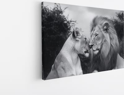 Saammp Canvas Schilderij - Zwart-wit - Leeuw - Leeuwin - Dieren - Liefde - 45x30 - Foto op canvas - Wanddecoratie - Muurdecoratie Woonkamer - Slaapkamer decoratie - Canvas Print