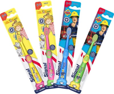 Signal Kids 0-6 Jaar Tandenborstel set van 4 - Brandweerman Sam & Mijn vriendin Conni - Voor effectieve en zachte reiniging - Met zuignappen - Tandenborstel Baby en Peuter & Kleuter - Tandglazuur op melktanden - Jongens en Meisjes 4 stuks