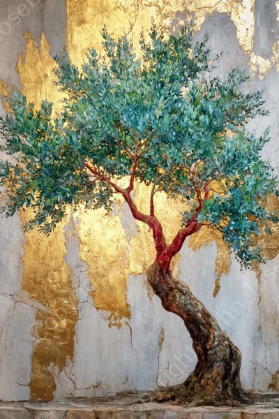 John Joseb Art (Aluminium) 80x120 | Olijfboom voor muur met goud, kunst, boom, groen, bruin, grijs, rood, modern | foto-schilderij op dibond, metaal wanddecoratie