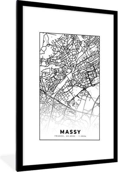 Fotolijst incl. Poster Zwart Wit- Kaart - Stadskaart - Massy - Frankrijk - Plattegrond - Zwart wit - 60x90 cm - Posterlijst