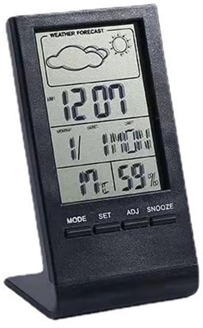 Thermometer, hygrometer, barometer, universele digitale wekker voor binnen en buiten met buitensensor en tijdweergave.