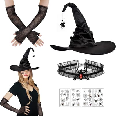 Halloween Spinnen Hoeden voor Vrouwen met Lange Mouwen Handschoenen en Spinnen Tatoeages voor Feest en Cosplay Accessoires