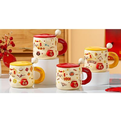 Creatief Nieuwjaarssouvenir Nieuwjaarsmok met Deksel Drakenjaar Koffiekop Hoge Precisie Doe-het-zelf Beker Keramische Waterbeker 400ML beige