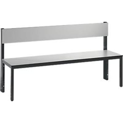Basic Plus bank, 1-zijdig, rugleuning, zonder schoenenrek, 4-poots onderstel zwartgrijs RAL 7021, B 1500 mm, decor zilvergrijs