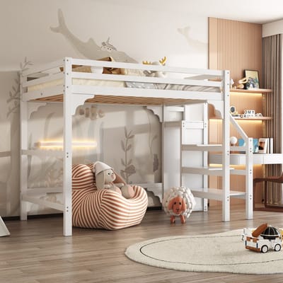 Wishdor Hoogslaper 140x200 cm - Met Kledingkast & Opbergtrap - Creëert Ruimte - Compleet & Slim - Grenen & MDF - Wit