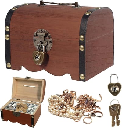 Vintage Houten Schatkist met Combinatieslot, Bruin Hout, Opbergdoos met Deksel, Piratenthema Decoratie en Speurtocht Accessoire