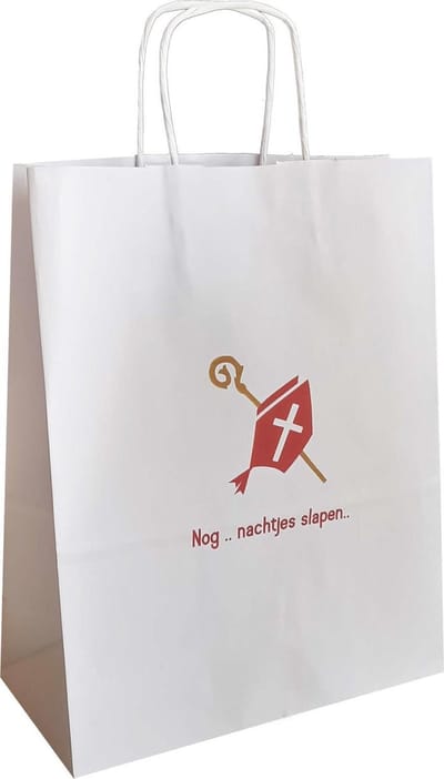 5 Sinterklaas Cadeau tasjes - Papier - Wit/Rood - Staf & Mijter - 21x8x18cm (A5) - Kadotasjes