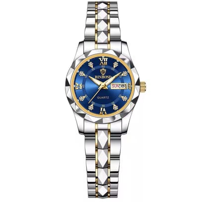 Binbond Dameshorloge - Vrouwen - Zilveren Polsband - Zilver, Goud en Blauw - Horlogedoos