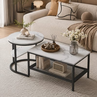 Salontafel Vierkante - Set van 2 - schuifbare bijzettafel - met 4 Niveaus - bijzettafelset voor woonkamer - Wit Marmerpatroon - 80/52 cm - Metalen frame Zwart