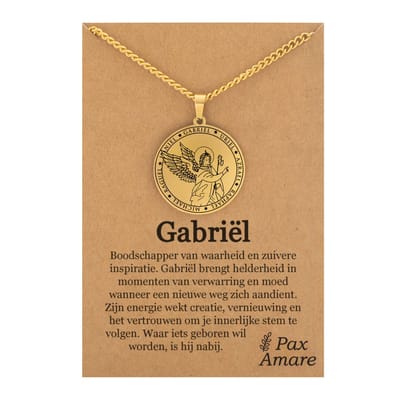 Beschermengel Gabriël Ketting op Cadeau Kaartje - Goudkleurig - Aartsengel Talisman / Medalion - Stainless Steel Engelen Hanger - 60cm