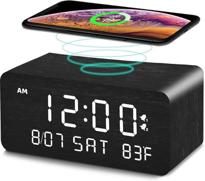 Digitale Houten Wekker met Draadloos Opladen, Instelbaar Dimbaar LED Display en Dubbel Alarm