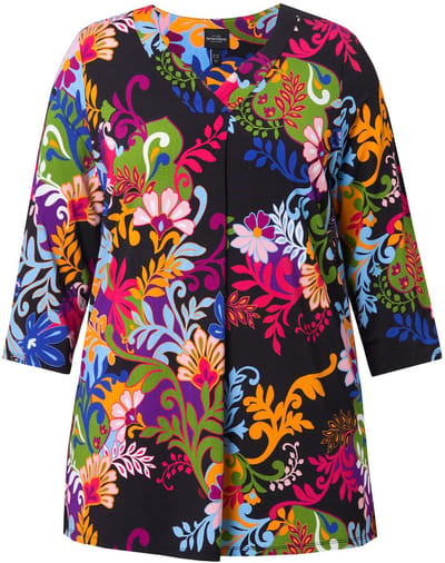 Ulla Popken - Dames - Slinky-shirt A-lijn sierplooi V-hals 3/4-mouwen - Zwart - Maat 42+