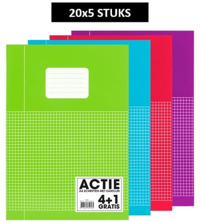 SOHO Schriften - A4 formaat - 70 grams papier - Met kantlijn - 4 kleuren - Blauw/Rood/Groen/Paars - 5mm ruit - 80 bladzijden - 20x5 Stuks
