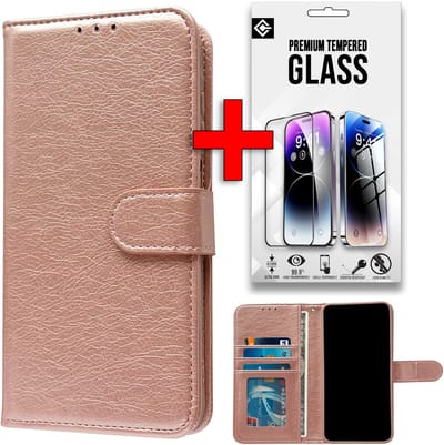 Casemania Hoesje & Glas Geschikt voor Apple iPhone 16e - Rosegoud - Luxe Portemonnee Book Case - Glazen Screenprotector