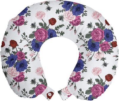 ABAKUHAUS Windflower Reiskussen met neksteun, kleurrijke corsage, schuimrubberen reisaccessoire voor vliegtuig en auto, 30x30 cm, meerkleurig