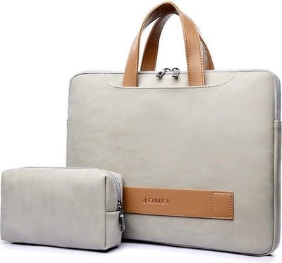 15.6 inch Luxe Laptophoes Leatherlook met Extra Tasje voor Oplader en Muis – Grijs – Laptoptas Sleeve met Rits Sluiting