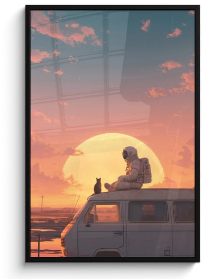 Poster in lijst - Fotolijst 80x120 cm - Posters - Busje - Kat - Zonsondergang - Oranje - Posterlijst zwart - Decoratie - Wanddecoratie woonkamer - Muurdecoratie slaapkamer