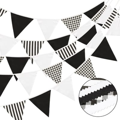 Zwart-witte stoffen vlaggenlijn, 12 meter lange slinger met 42 vlaggetjes voor kinderkamer, bruiloft, verjaardag en feestdecoratie