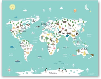 Dieren Wereldkaart Poster voor kinderkamer Blauw 50x70 cm