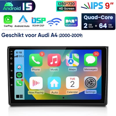 Junsun Android 15 Autoradio Geschikt Voor Audi A4 8E 8H B6 B7 (2000-2009) Accessoires, 2GB+64GB, Draadloze CarPlay & Andriod Auto, DAB+, GPS-navigatiesysteem, Bluetooth, Stuurwielbediening, WiFi, 9-inch Touchscreen, DSP, Quad-core processor