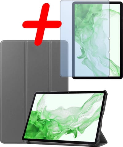 Hoesje Geschikt voor Samsung Galaxy Tab S9 - Met Screenprotector - Trifold Bookcase - Hard Cover Case - Met Uitsparing Geschikt voor S Pen - Hardcover Book - Tablet Hoes - Grijs