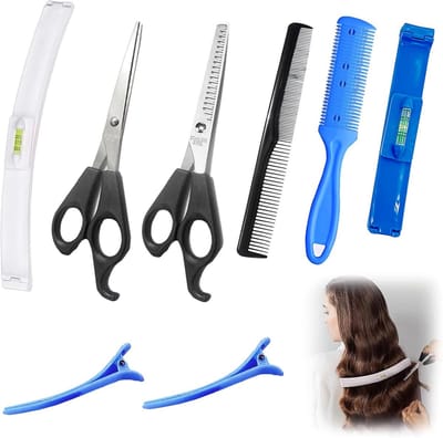 8-delige set hulpmiddelen voor het knippen van pony's: haarschaar, haarpuntentrimmer, zelf knippen, haarschaar sjabloon