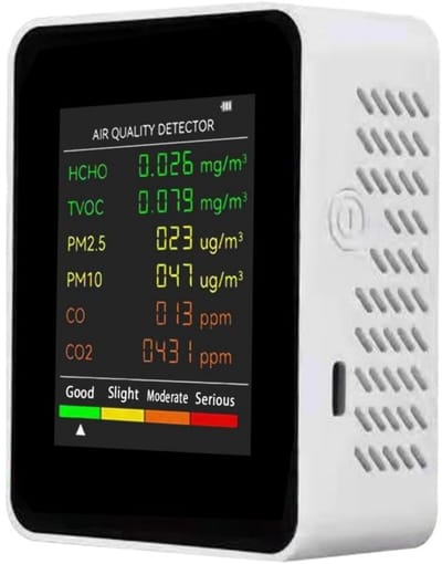 EXCITAT 6-in-1 multifunctionele luchtkwaliteitsdetector - CO2-formaldehydemonitor - Luchtkwaliteitstester - Groot LCD-scherm - Draagbaar - Geschikt voor thuis, kantoor en hotel