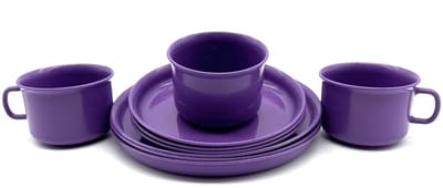 3 stuks serviesset, 3-delig, koffieservies, plastic servies, elk 3 x kopjes, borden 14 cm en 18 cm, kunststof plastic, kleur paars