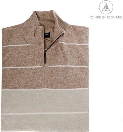 Chris Cayne trui - S/M - beige - gestreept patroon - lange mouw - Katoen - fijnbrei - korte rits