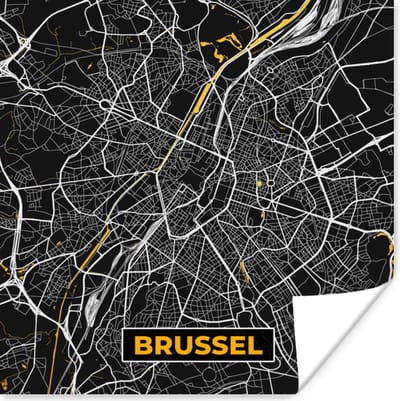 Poster Brussel - Kaart - Plattegrond - Stadskaart - Goud - 100x100 cm XXL