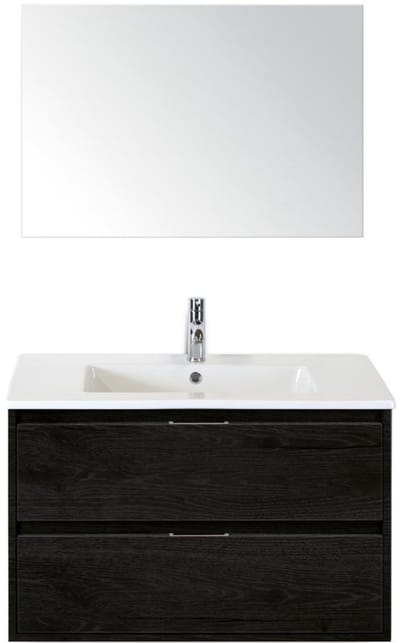 Porto Badmeubelset 90 cm - Black Oak - Keramische Wastafel Wit Slim met Spiegel
