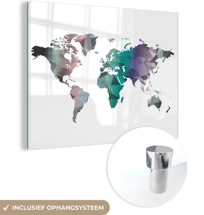 MuchoWow® Glasschilderij 80x60 cm - Schilderij acrylglas - Wereldkaart - Driehoek - Kleuren - Foto op glas - Schilderijen