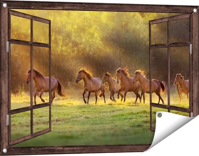 Gards Tuinposter Doorkijk Kudde Bruine Paarden in de Wei - 90x60 cm - Tuindoek - Tuindecoratie - Wanddecoratie buiten - Tuinschilderij