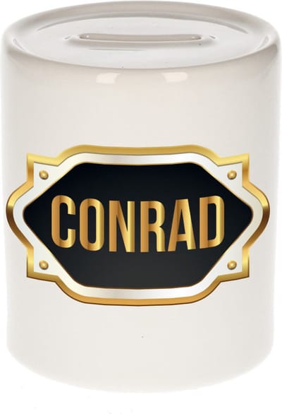 Spaarpot met voornaam Conrad - wit - met goud/zwart embleem - 8 x 9 cm - keramiek - met afsluitdop - cadeau verjaardag