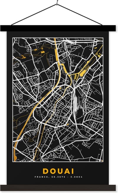 Posterhanger incl. Poster 40x60 cm - Schoolplaat - Plattegrond - Kaart - Douai - Frankrijk - Stadskaart - Textielposter - Zwarte latten - Stadskaart
