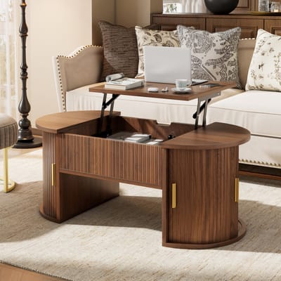 Wishdor - Salontafel - Hoogteverstelbaar Met Schuifdeuren En Open Vakken - Modern Retro - Woonkamer - MDF - Walnoot - 100 X 50 X 40,5 Cm