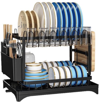 GELLDG Dubbellaags afdruiprek - Koolstofstaal - Multifunctioneel afwasrek - Keukenopbergrek - Met draaibare afvoer - Met lekbak - Geschikt voor het opbergen van keukengerei - 42 x 30 x 29 cm - Zwart