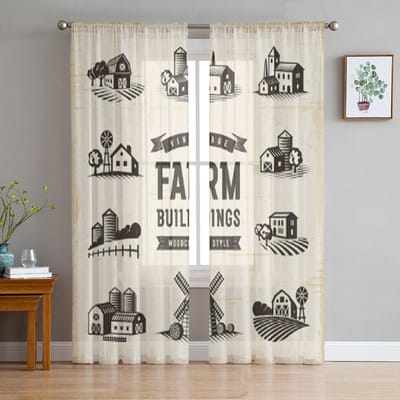 Vintage Boerderijgebouwen Set Transparante Gordijnen voor Woonkamer Doorzichtig Tule Raamgordijn Slaapkamer Keuken Decoratie Sluiergordijnen 135W x 114H(cm) white