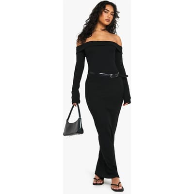 boohoo Dames Basic Rib Bardot Maxi | Black | Maat: 12