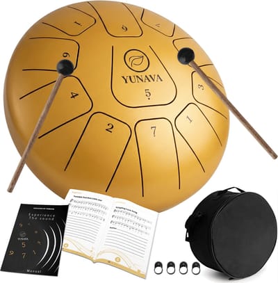 Yunava Handpan - 30 cm ø - Goud - Steel Tongue Drum - Hand Klankschaal incl. Lesboek & Beschermtas - Hangdrum