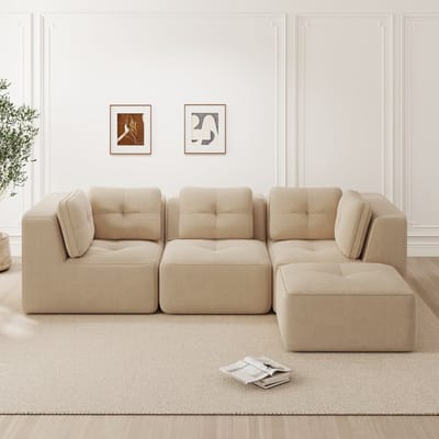 L-vormige hoekbank - modulaire hoekbank - met voetenbank - corduroy - driezitsbank - woonkamer - diepe zitting - beige