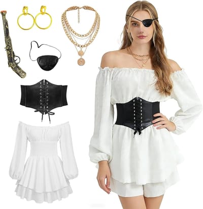 Vrouwen Piratenkostuum met Witte Middeleeuwse Blouse, Corsetriem en Accessoires voor Halloween en Carnaval