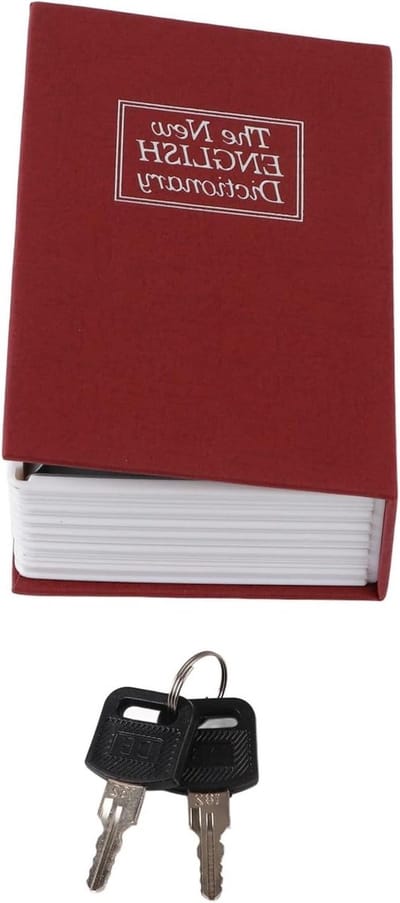 Boekvormige kluis in mini rood voor veilige opslag van geldmunten en sieraden.