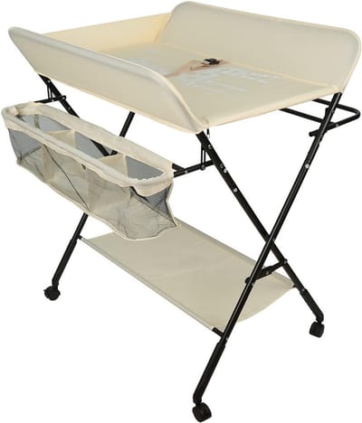 Opvouwbare Luiertafel met Opbergmand en Veiligheidsgordel - Verstelbare Hoogte en Wielen met Rem - Giraffenpatroon Beige